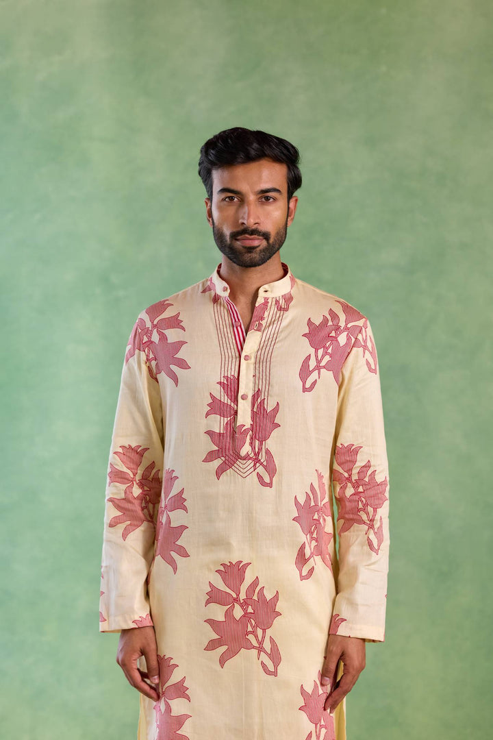 Ivory Red Floral Stripe Kurta with Narrow Pants