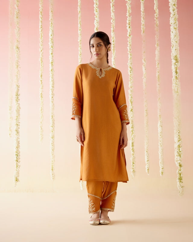 Orange Lily Dori Embroidered Kurta with Narrow Pants & Dupatta - Set of 3