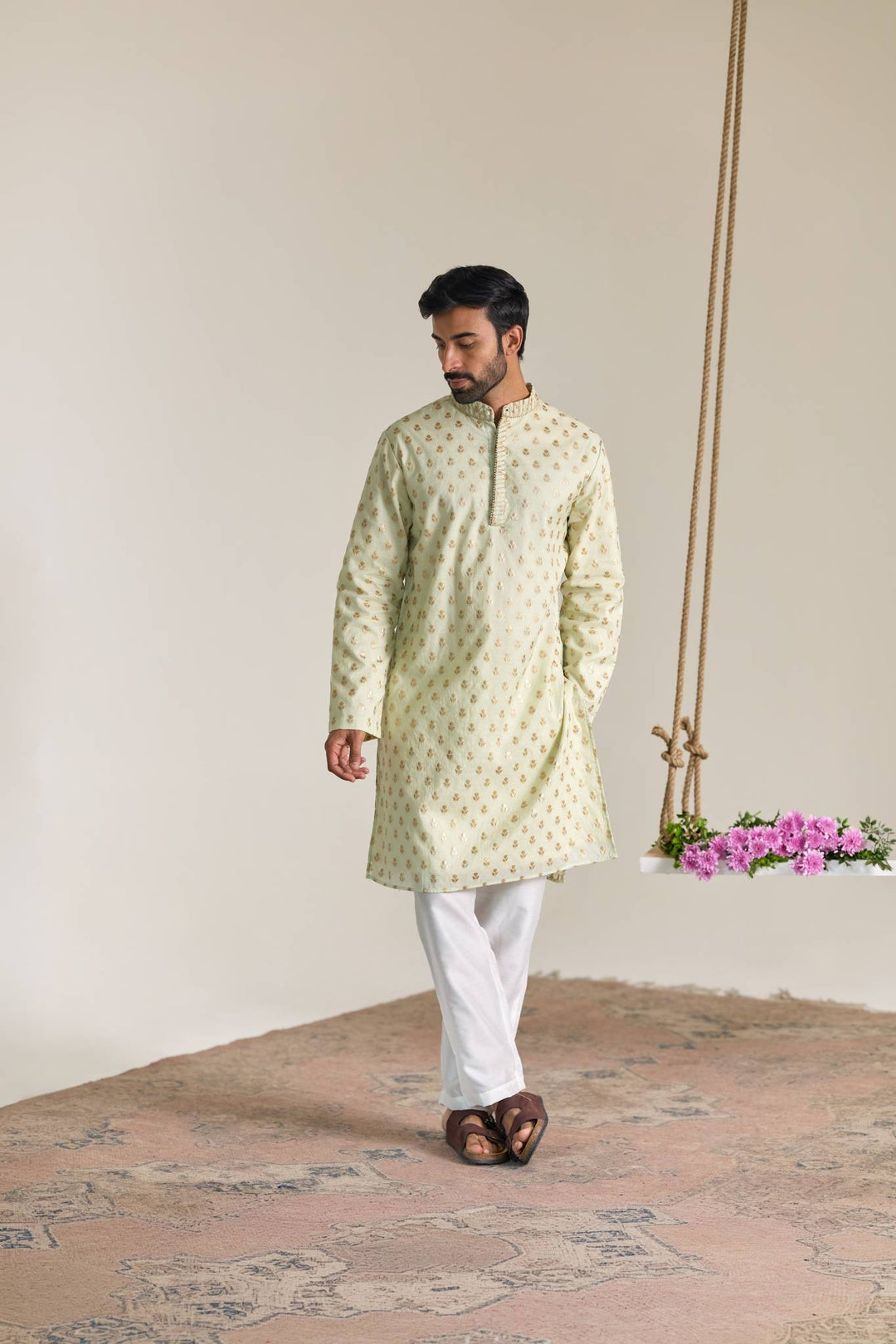 Mint Buta Brocade Embroidered Kurta with Narrow Pants