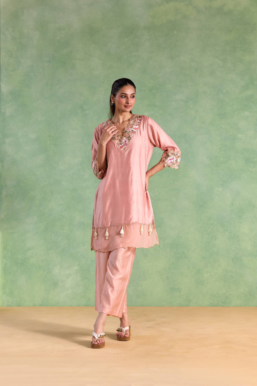 Soft Rose Embroidered Chanderi Kurta with Flared Pants and Dupatta - Set of 3