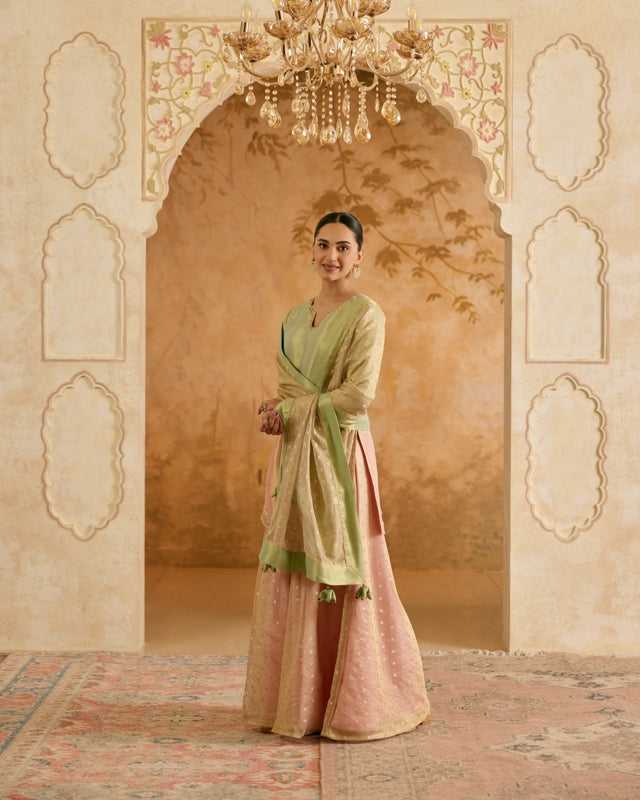 Blush Mint Zari Tissue Kurta with Sharara and Dupatta - Set of 3