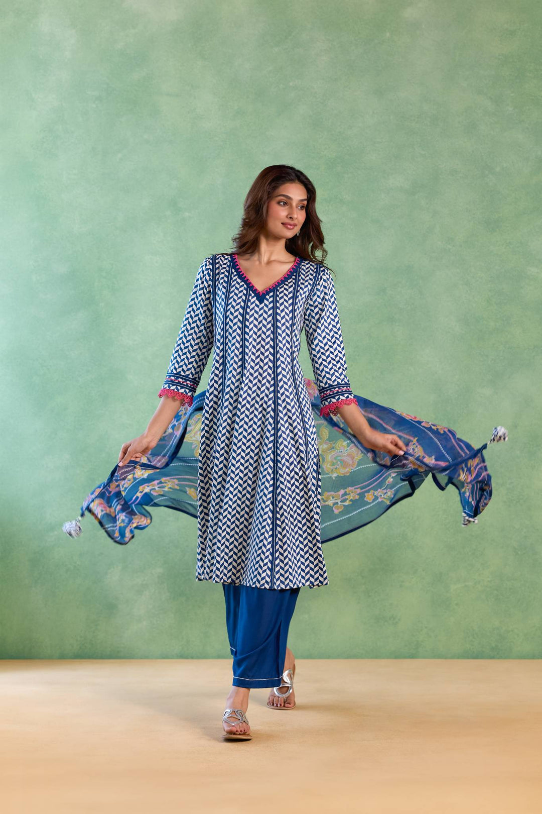 Navy Beaded Chevron Anarkali with Flared Pants and Dupatta - Set of 3