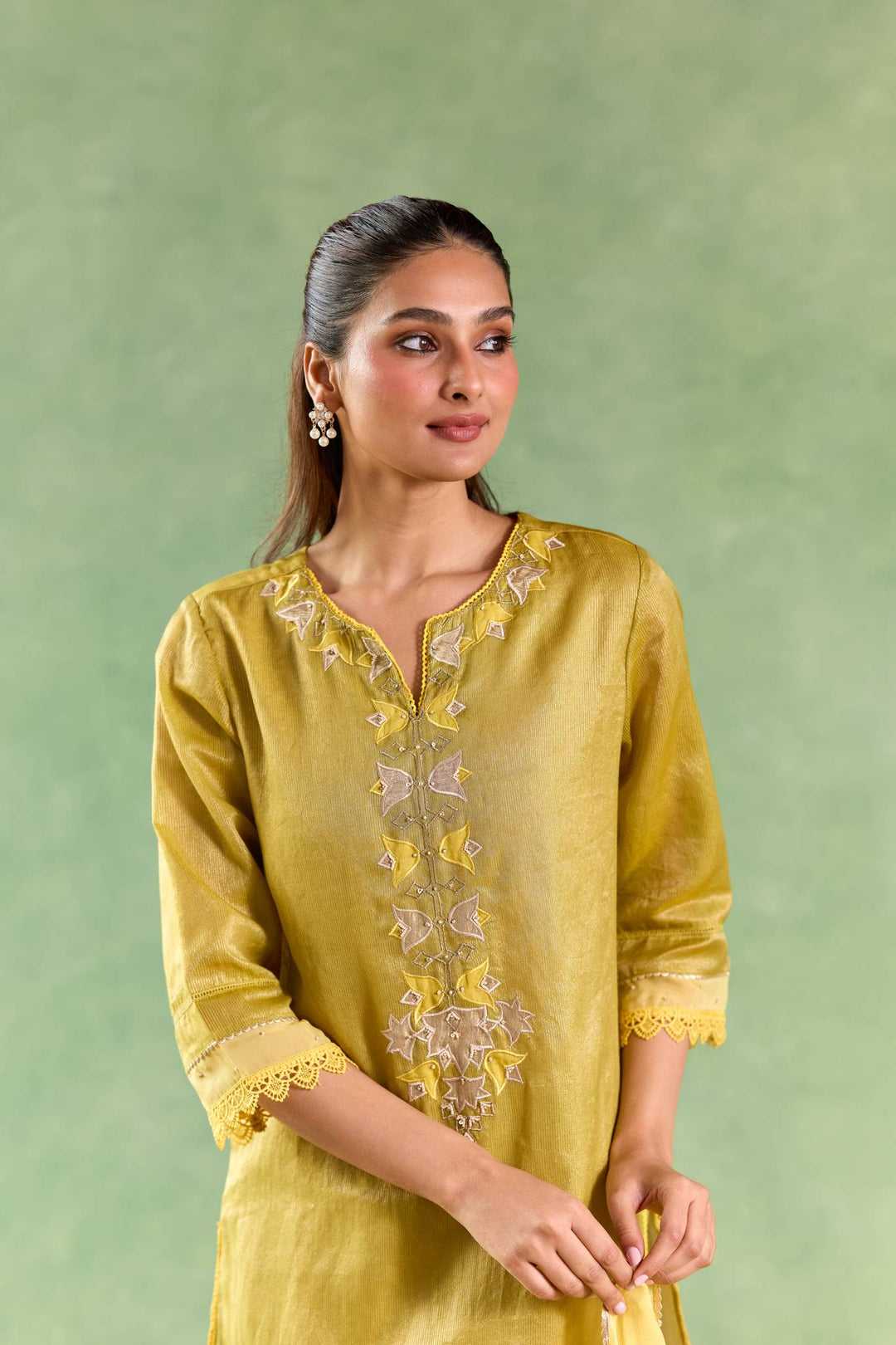 Moss Yellow Applique Kurta with Narrow Pants and Dupatta - Set of 3