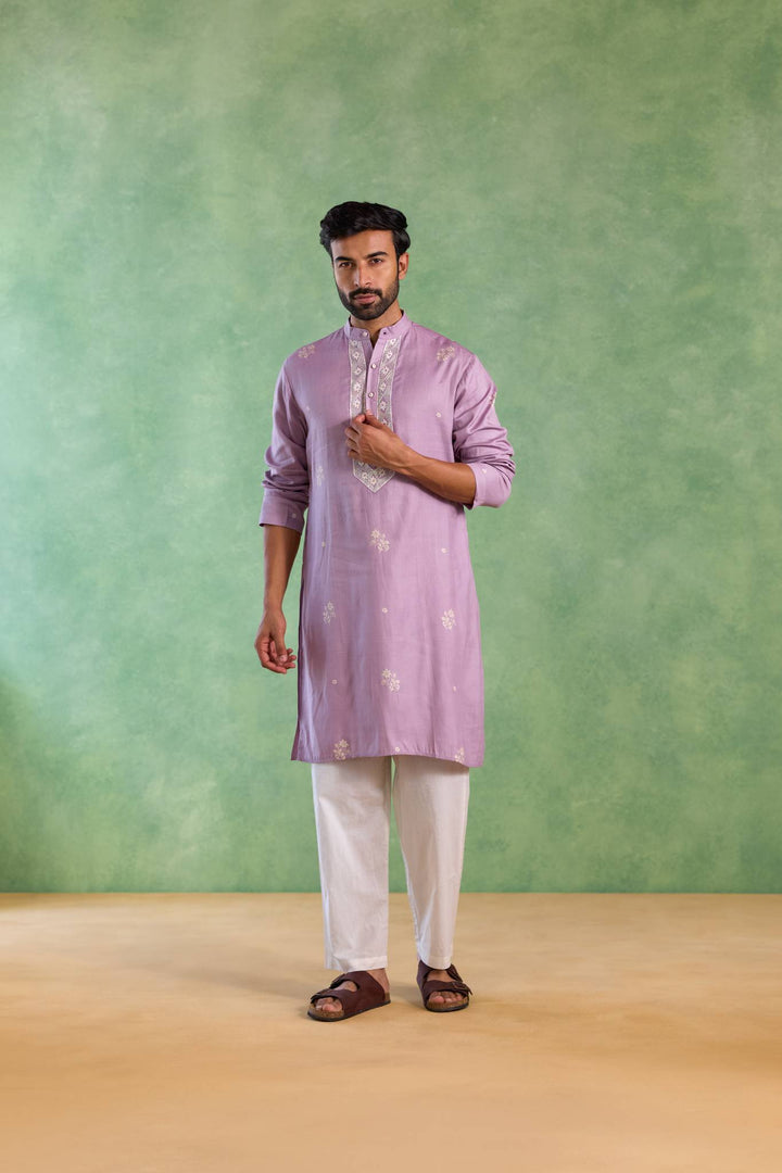 Lilac Floral Buta Embroidered Kurta with Narrow Pants