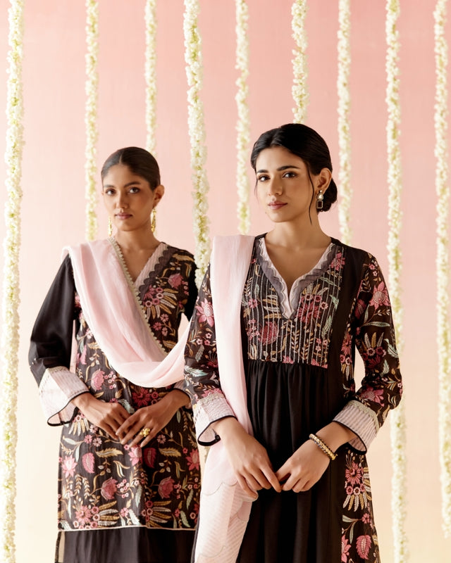 Black Tulip Embroidered Kurta with Wide Leg Pants & Dupatta - Set of 3