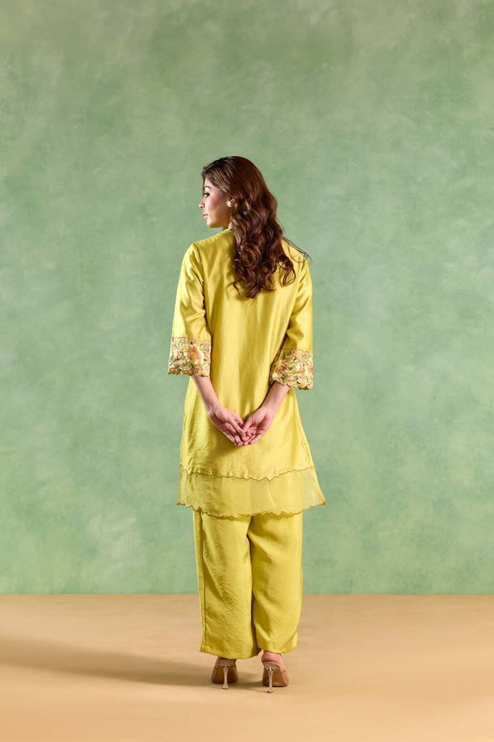 Lime Rose Embroidered Chanderi Kurta with Flared Pants and Dupatta - Set of 3