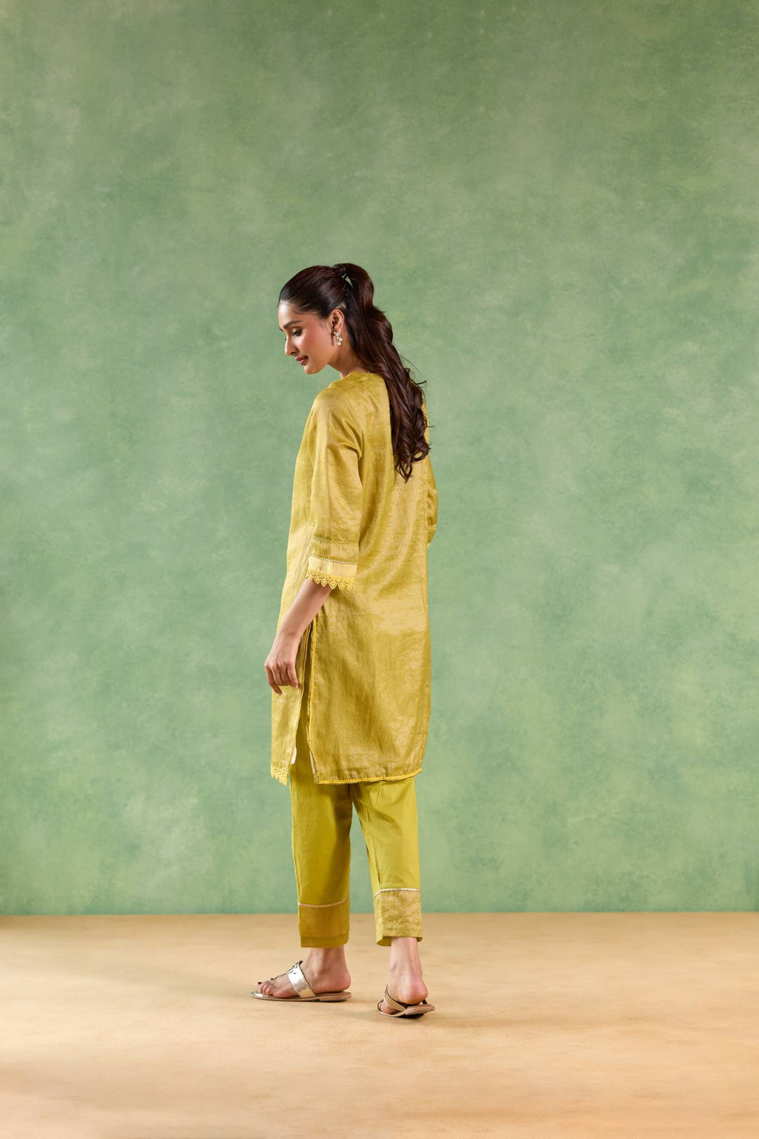 Moss Yellow Applique Kurta with Narrow Pants and Dupatta - Set of 3