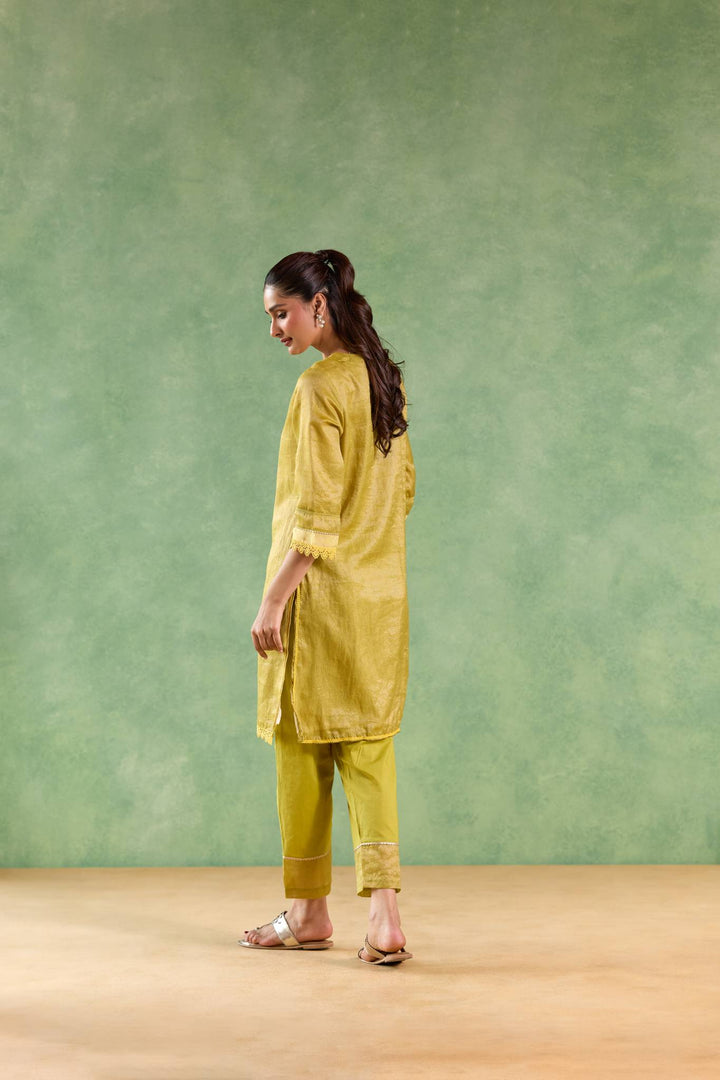 Moss Yellow Applique Kurta with Narrow Pants and Dupatta - Set of 3