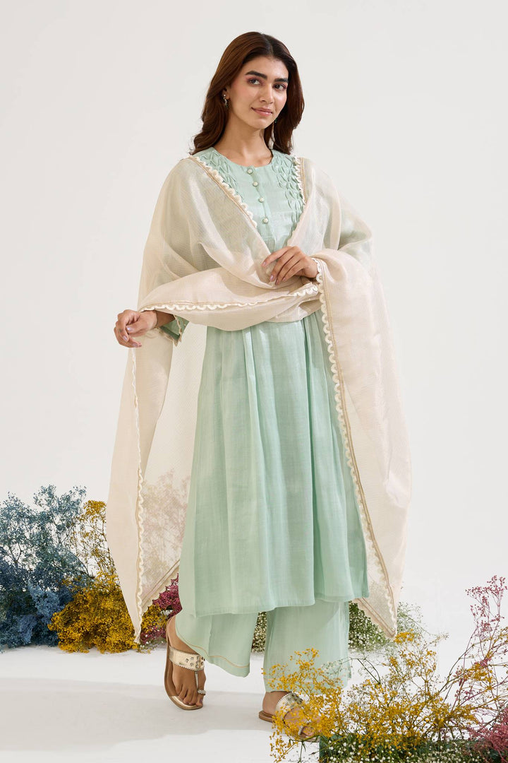 Mint Pearl Pintuck Tissue Kurta with Wide Leg Pants and Dupatta - Set of 3