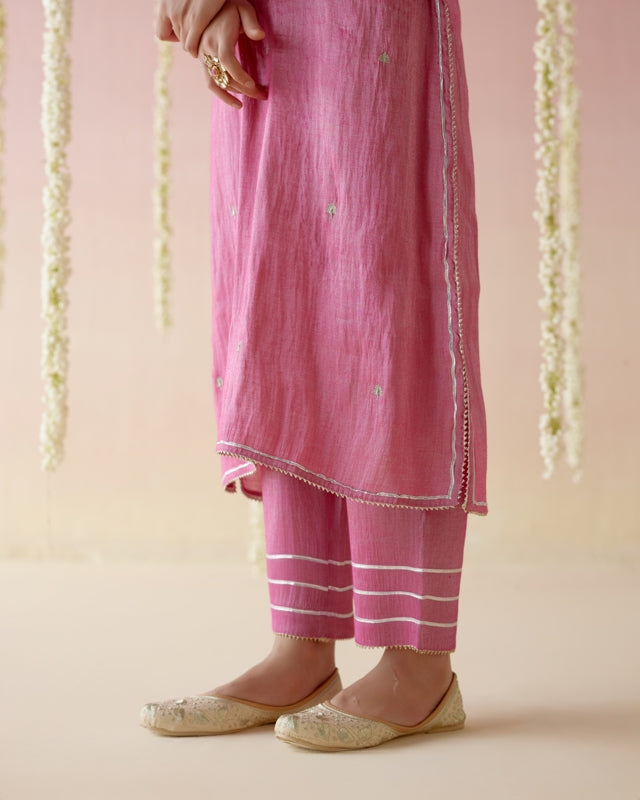 Peony Pink Tissue Kurta with Narrow Pants & Dupatta - Set of 3