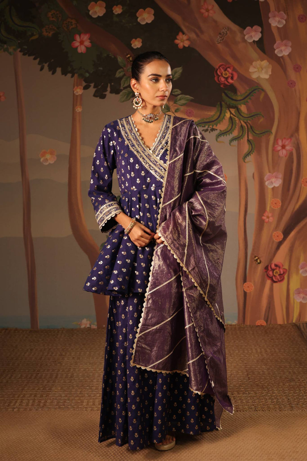 Blue Rose Embroidered Angrakha with Sharara - Set of 2