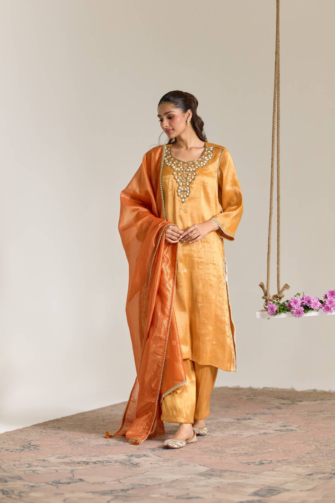 Orange Pearl Zari Embroidered Tissue Kurta Set with Stripe Dupatta - Set of 3