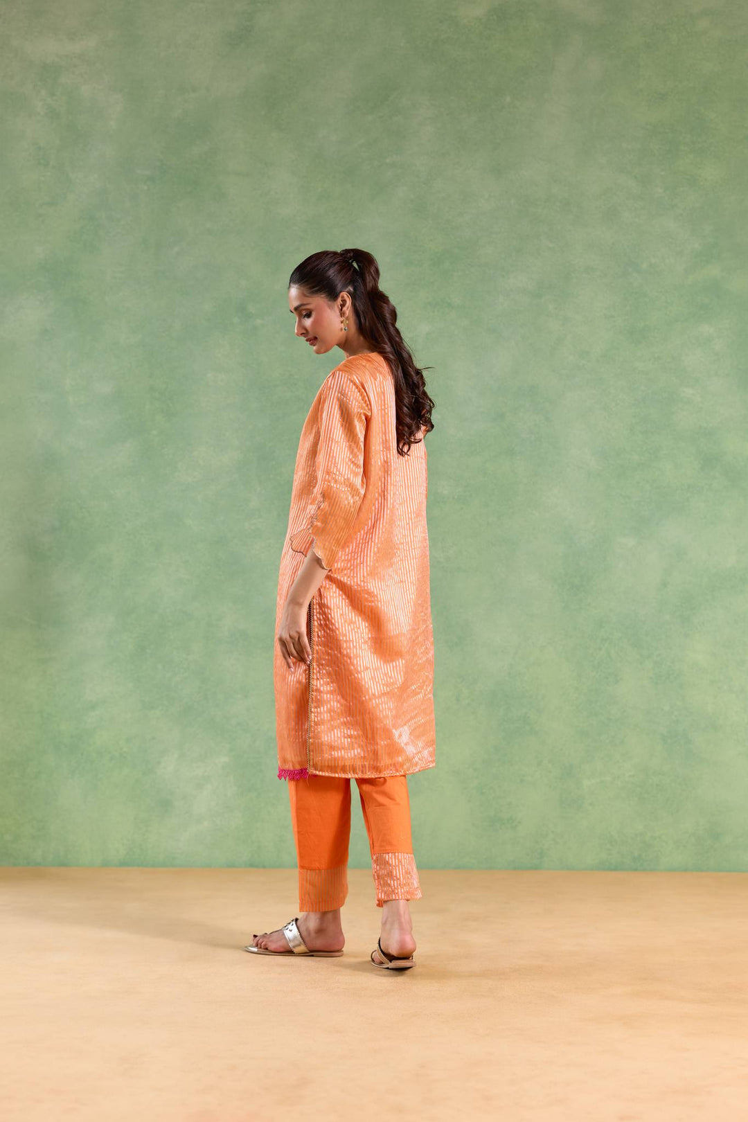 Orange Scallop Zari Kurta with Narrow Pants and Dupatta - Set of 3