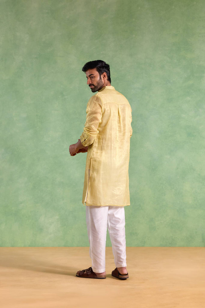 Yellow Gold Stripe Embroidered Kurta