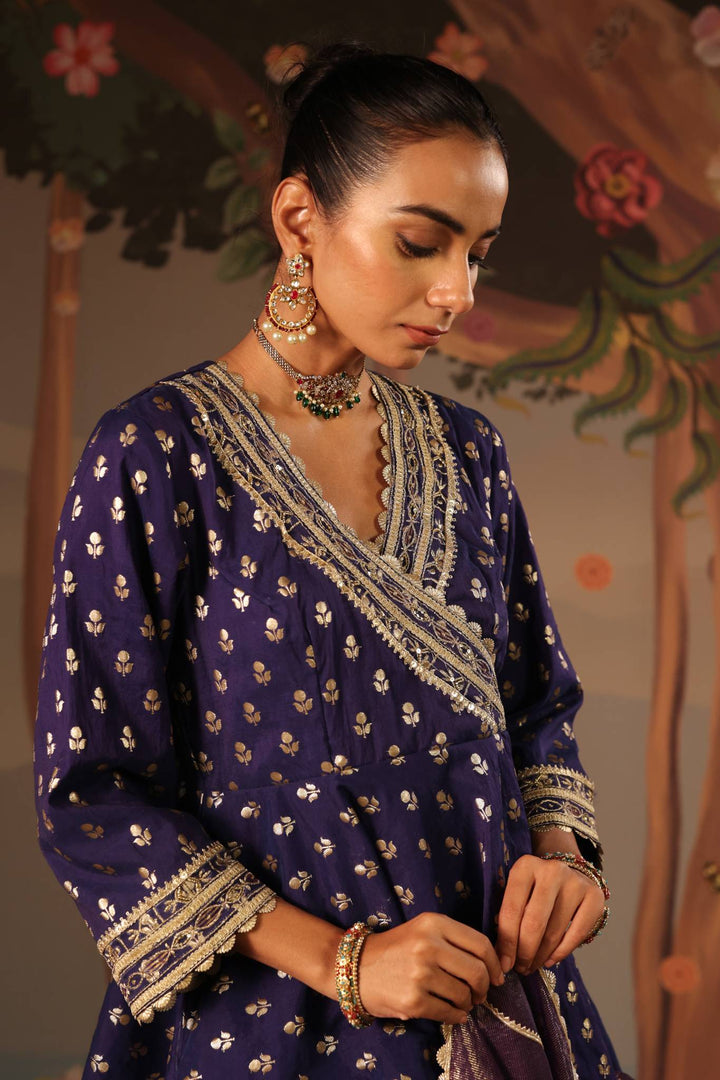 Blue Rose Embroidered Angrakha with Sharara and Dupatta - Set of 3