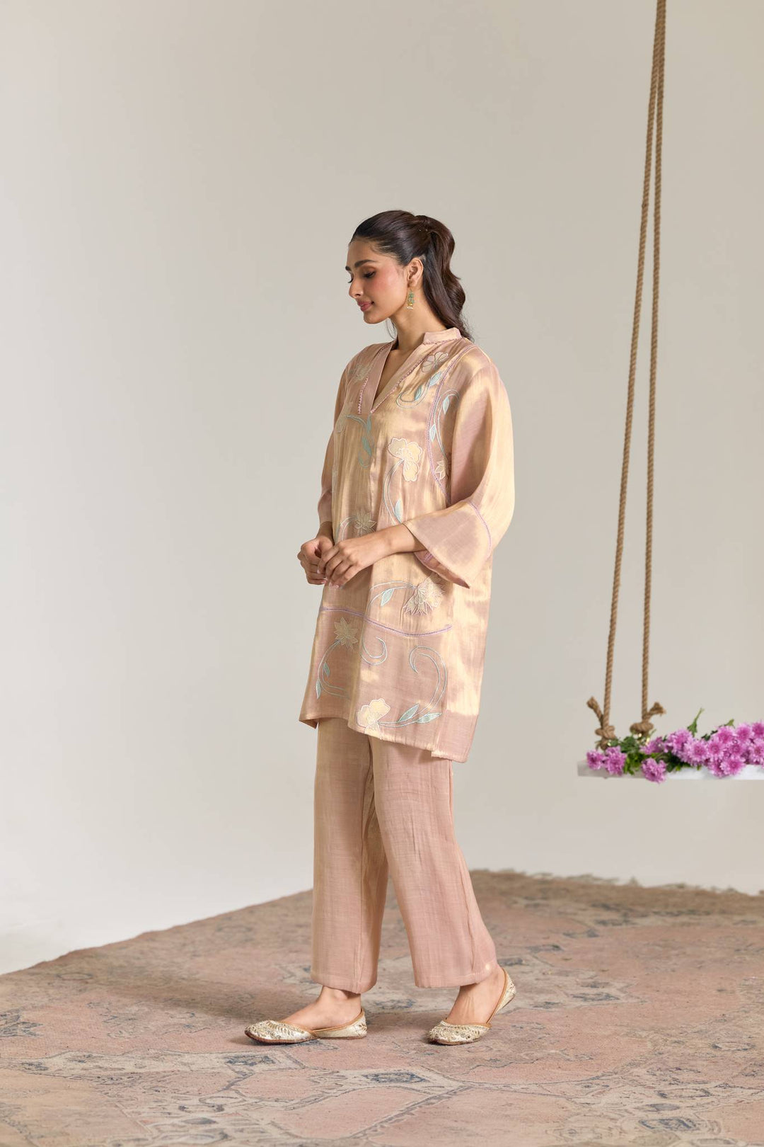 Blush Mint Applique Embroidered Tissue Kurta Set with Panel Dupatta - Set of 3