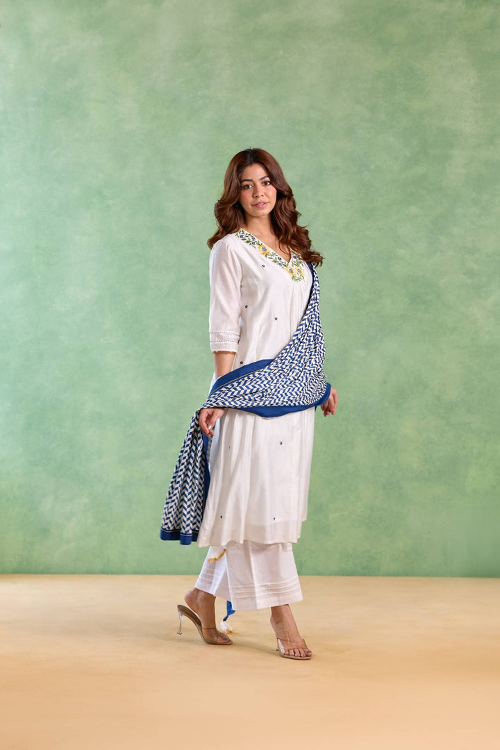 Blue Petal Embroidered Kurta with Wide-Leg Pants and Dupatta - Set of 3
