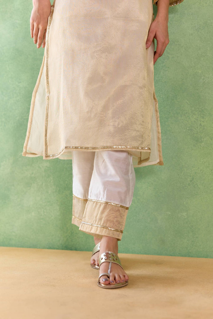 Gold Mirror Embroidered Chanderi Stripe Kurta Set with Floral Chintz Dupatta - Set of 3