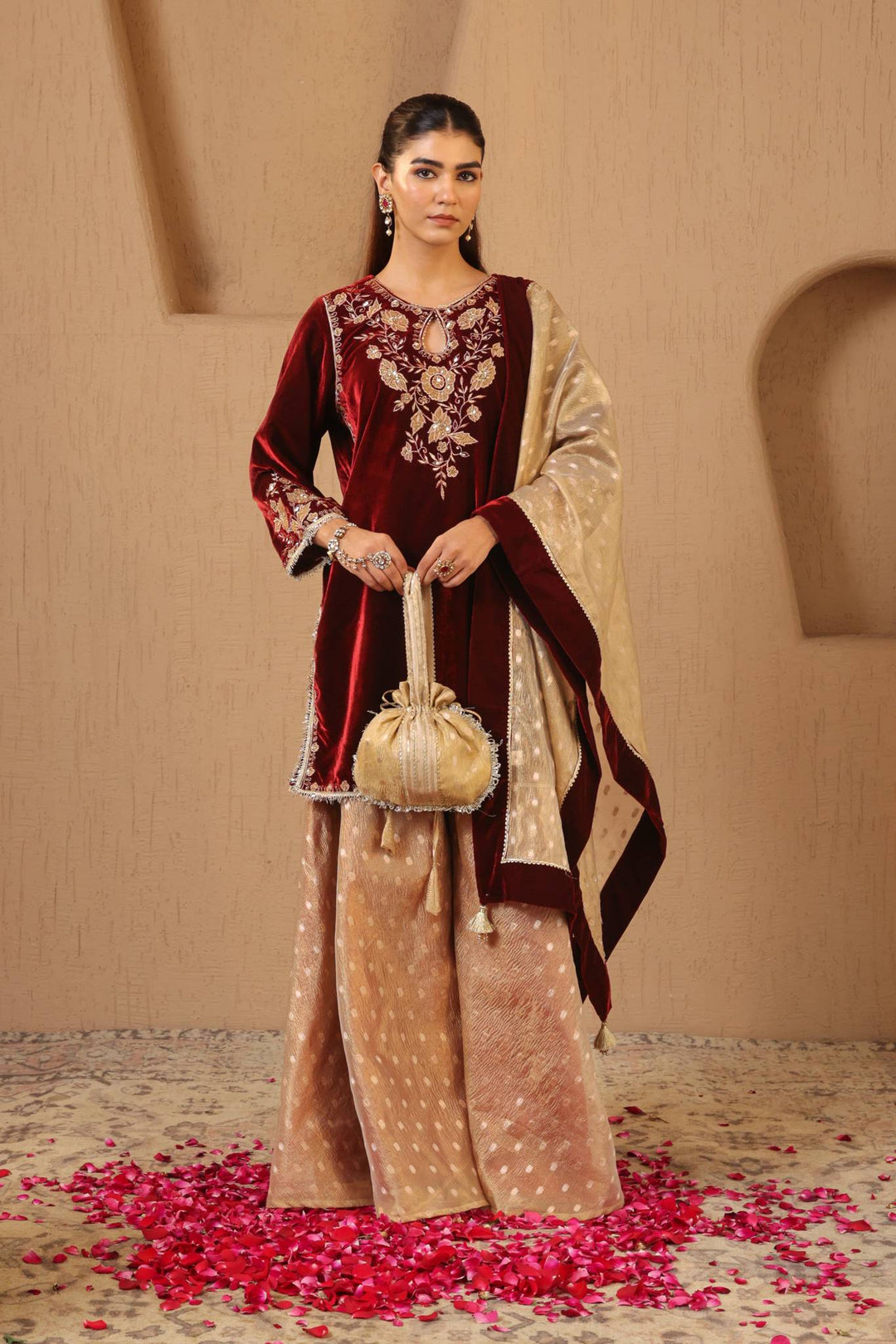 Maroon Floral Zari Velvet Kurta with Sharara and Dupatta - Set of 3
