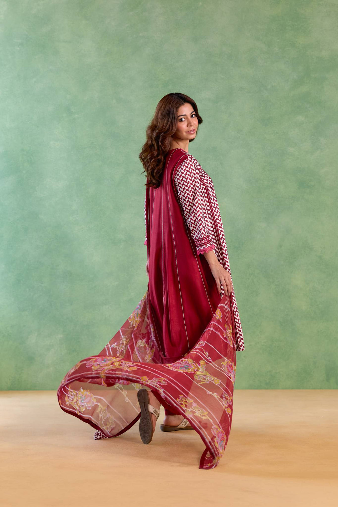 Maroon Beaded Chevron Anarkali with Flared Pants and Dupatta - Set of 3