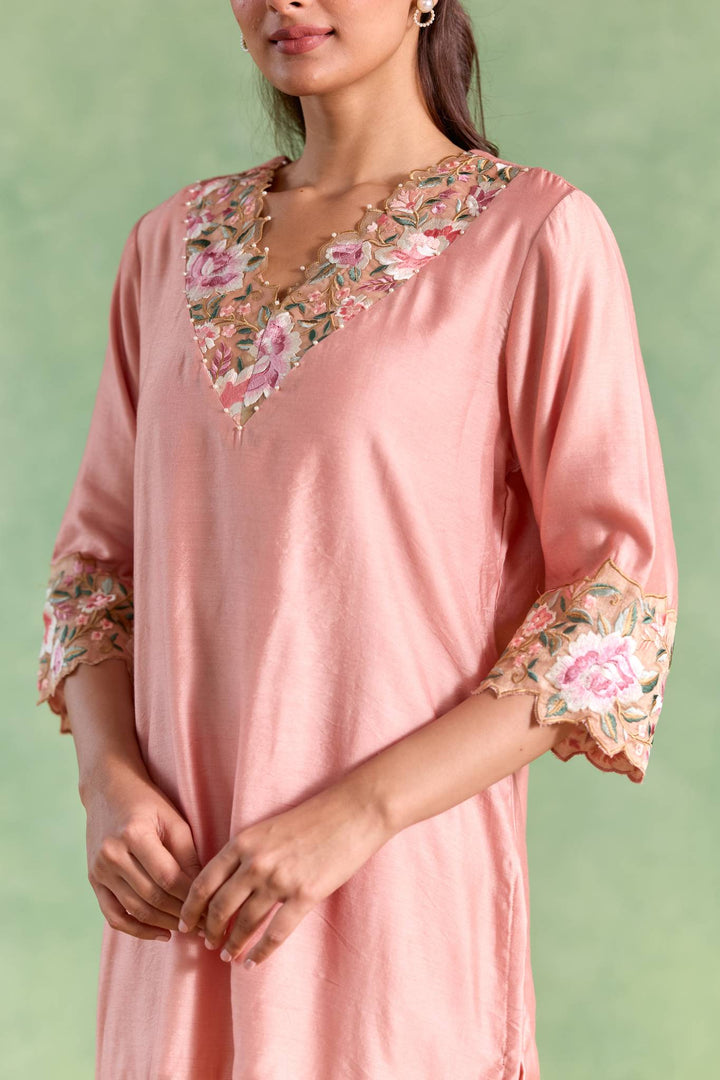 Soft Rose Embroidered Chanderi Kurta with Flared Pants and Dupatta - Set of 3