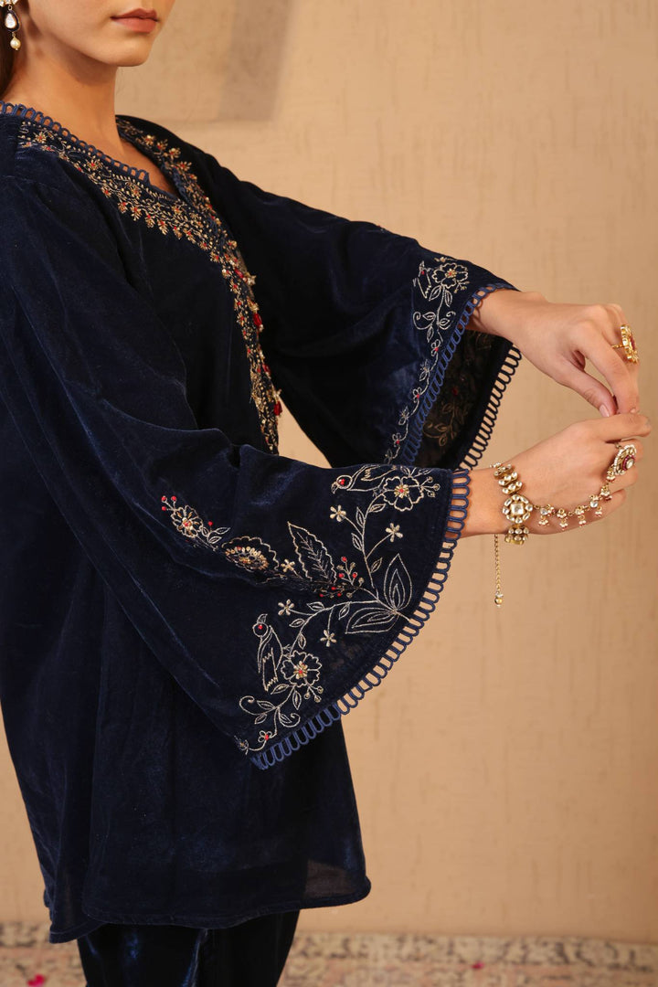Navy Zari Charm Velvet Tunic with Narrow Pants - Set of 2
