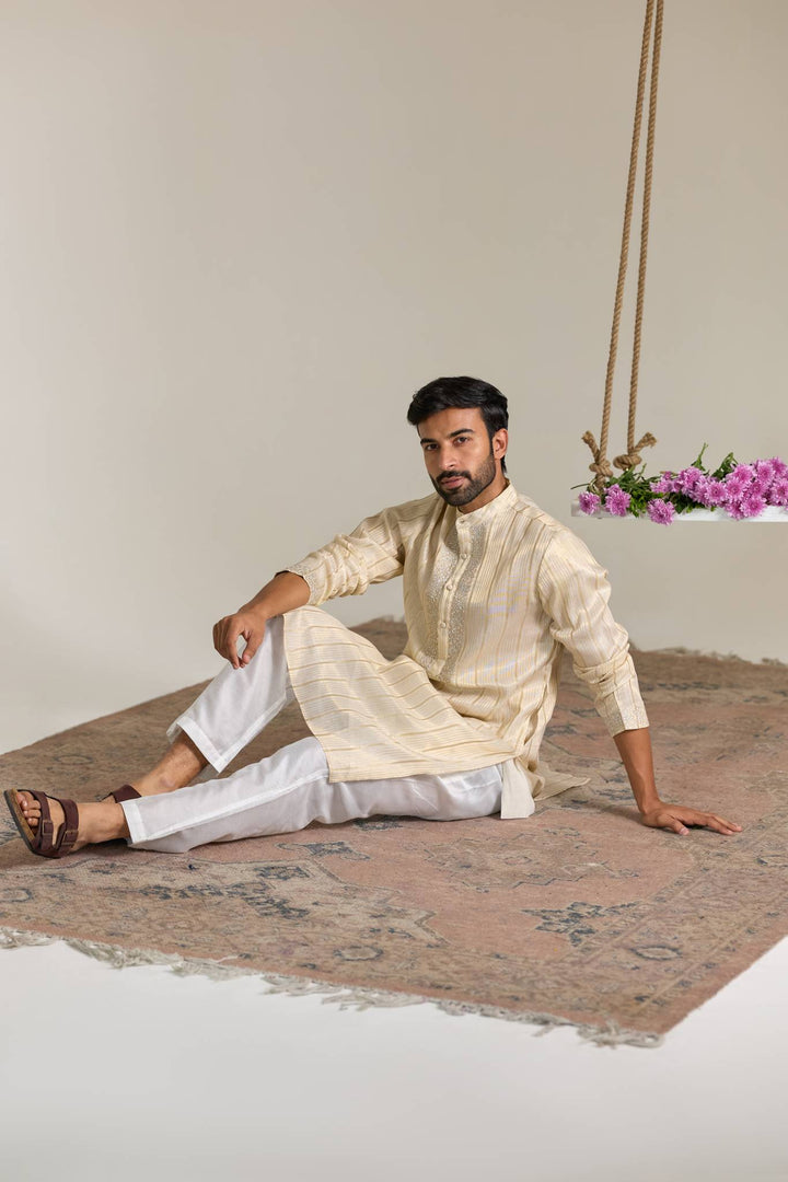 Golden Floral Stripe Embroidered Kurta