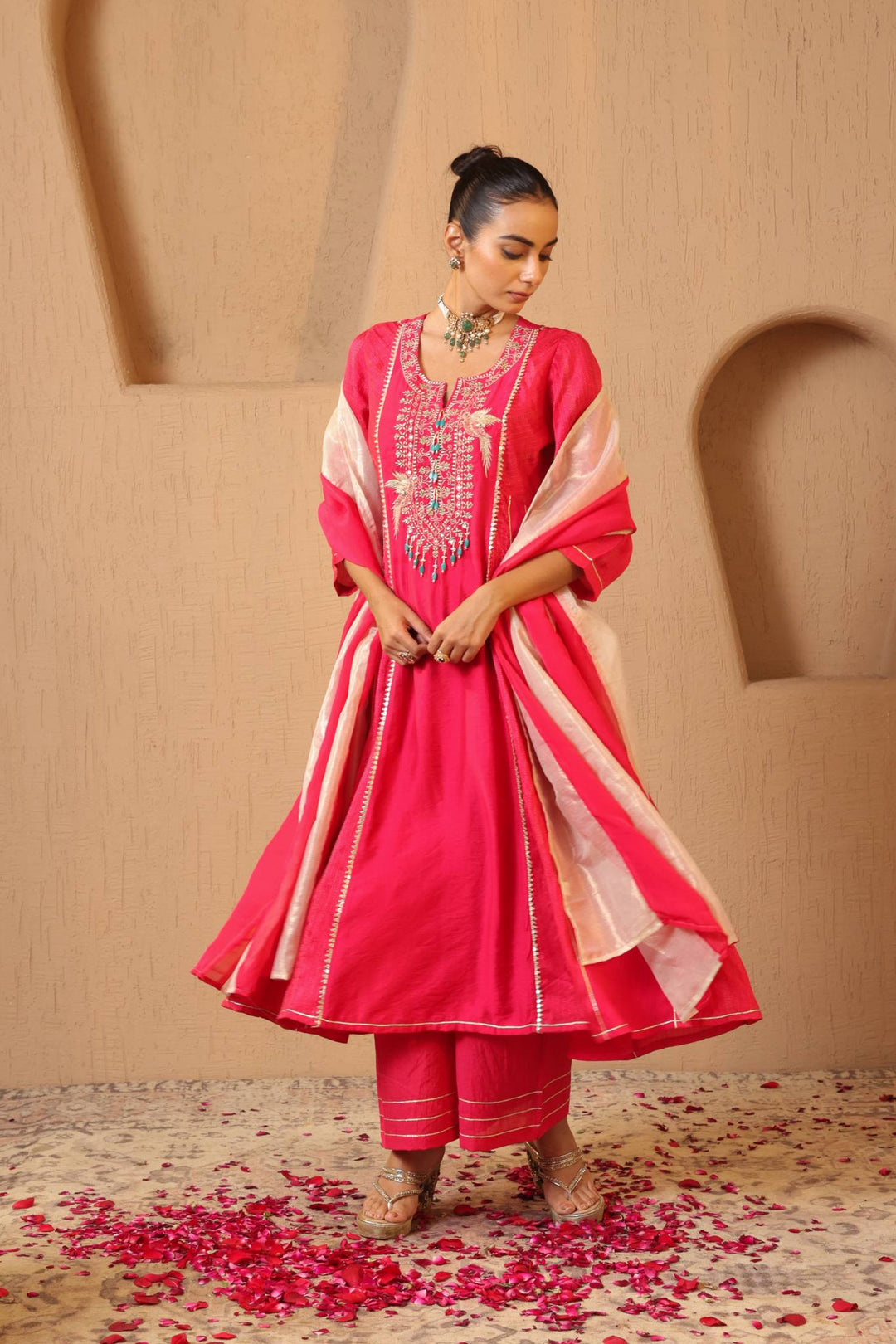 Rosy Fuchsia Anarkali with Flared Pants - Set of 2