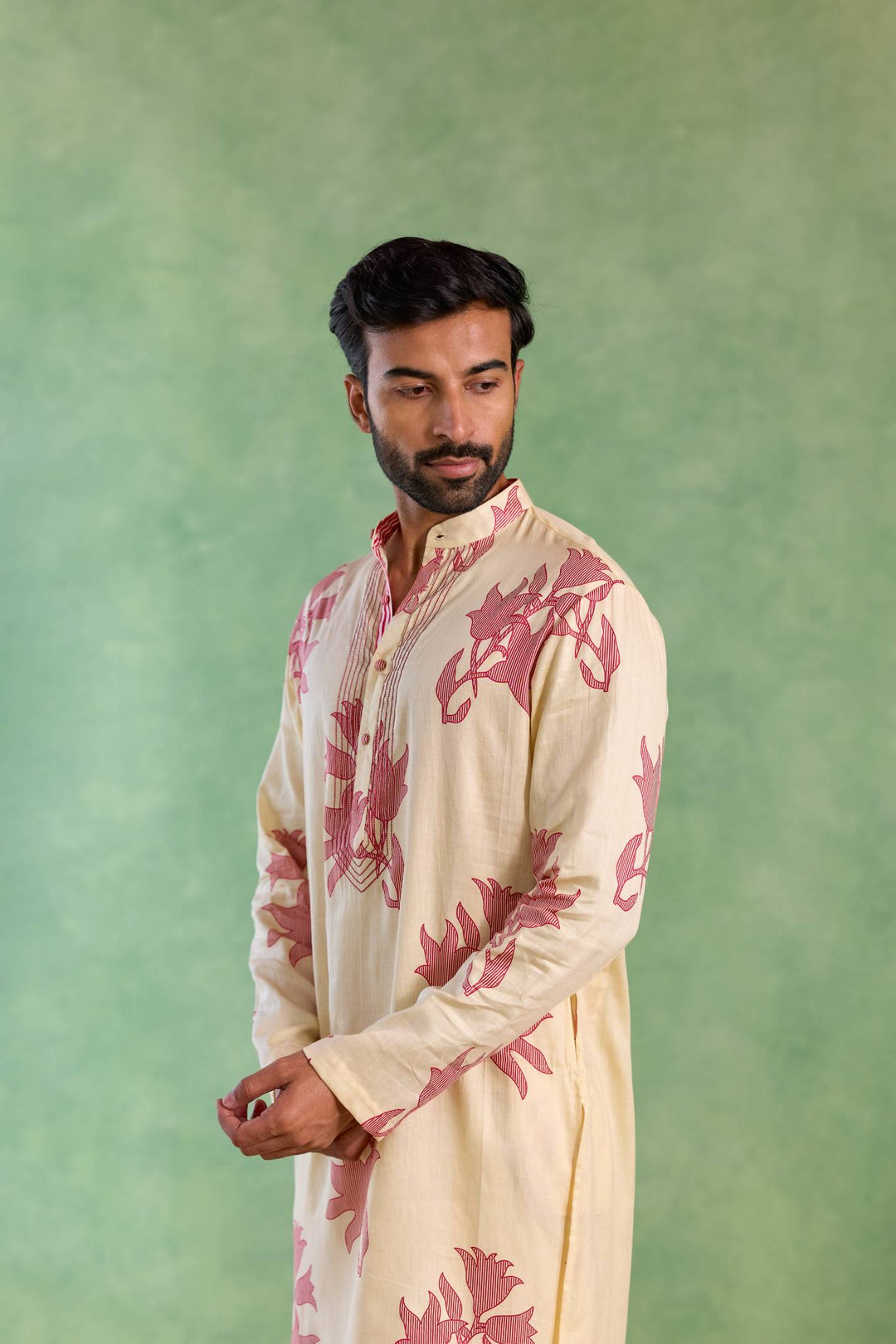 Ivory Red Floral Stripe Kurta with Narrow Pants