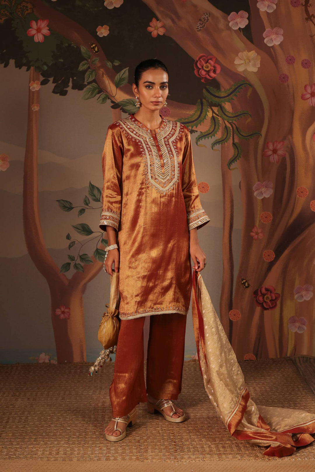 Rustic Zari Tissue Kurta with Flared Pants - Set of 2