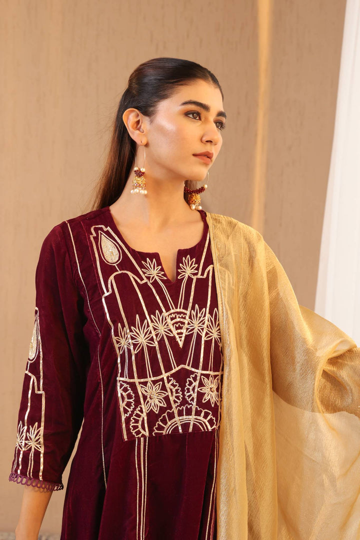 Wine Gota Velvet Anarkali with Narrow Pants and Scallop Dupatta - Set of 3