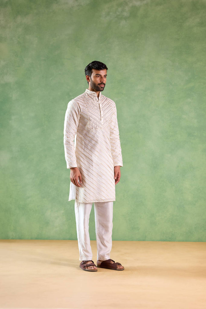 Ivory Gold Chevron Brocade Embroidered Kurta