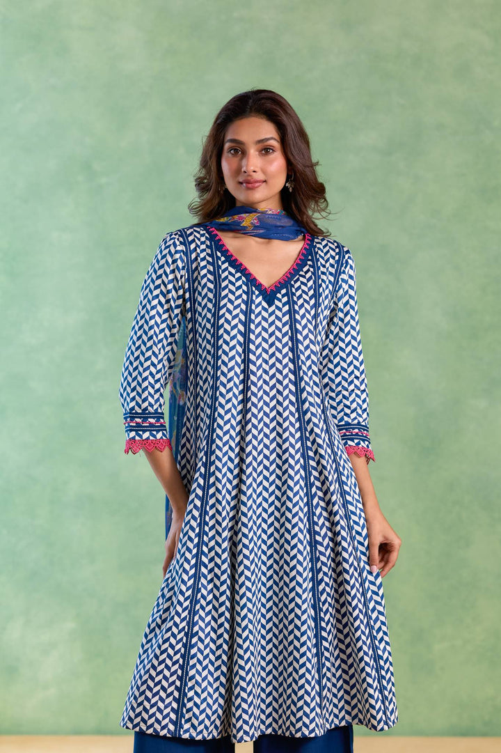 Navy Beaded Chevron Anarkali with Flared Pants and Dupatta - Set of 3