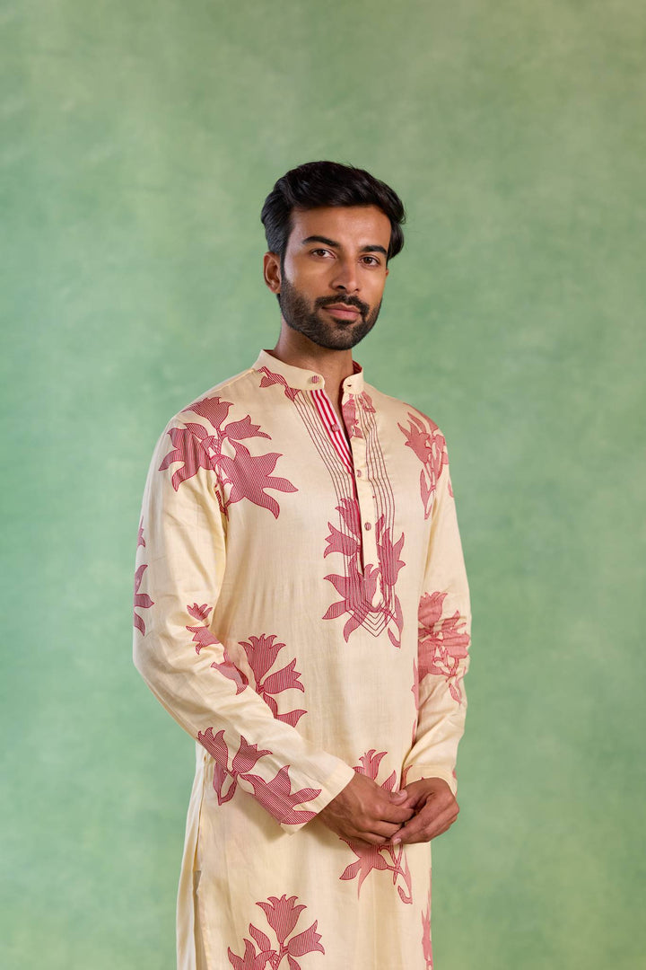 Ivory Red Floral Stripe Kurta with Narrow Pants
