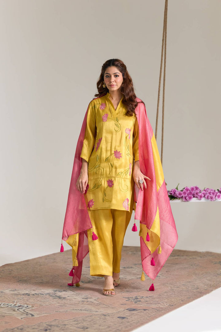 Fuschia Yellow Applique Embroidered Tissue Kurta Set- Set of 2