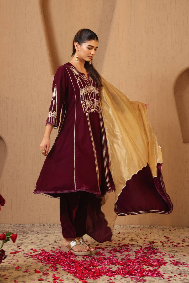 Wine Gota Velvet Anarkali with Narrow Pants and Scallop Dupatta - Set of 3