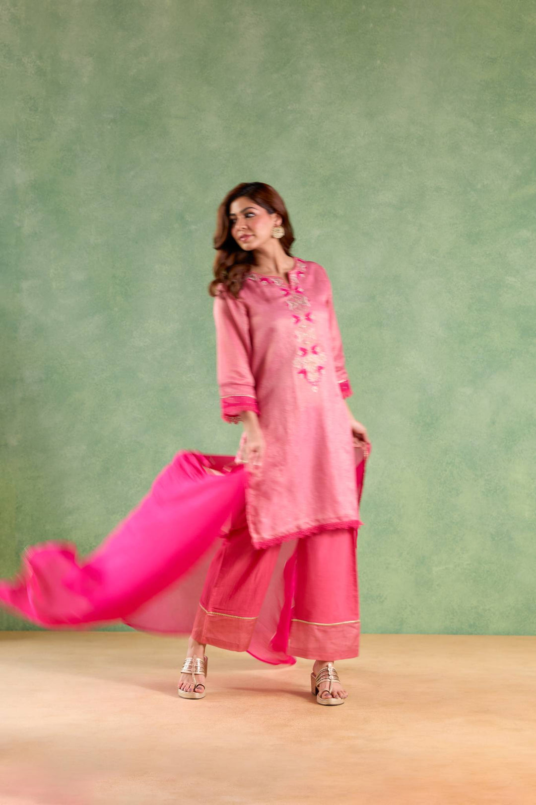 Fuchsia Pink Applique Kurta with Narrow Pants and Dupatta - Set of 3