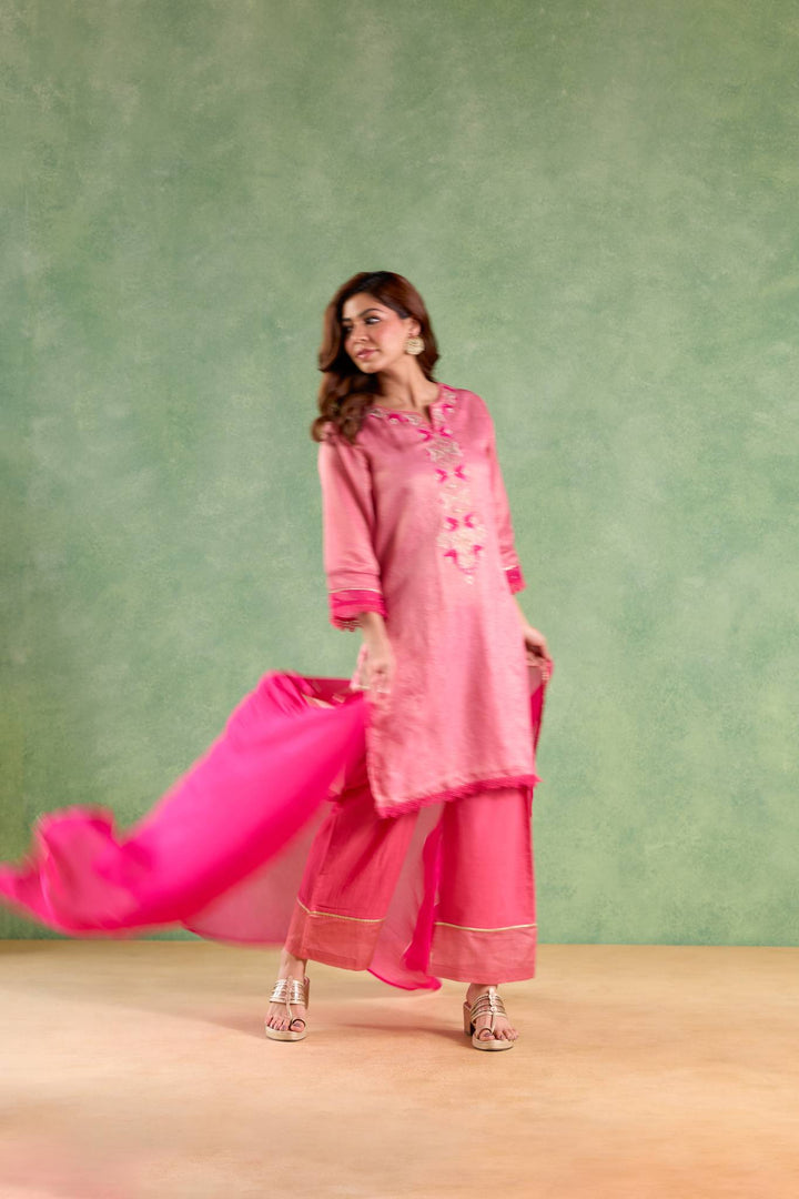 Fuchsia Pink Applique Kurta with Narrow Pants and Dupatta - Set of 3