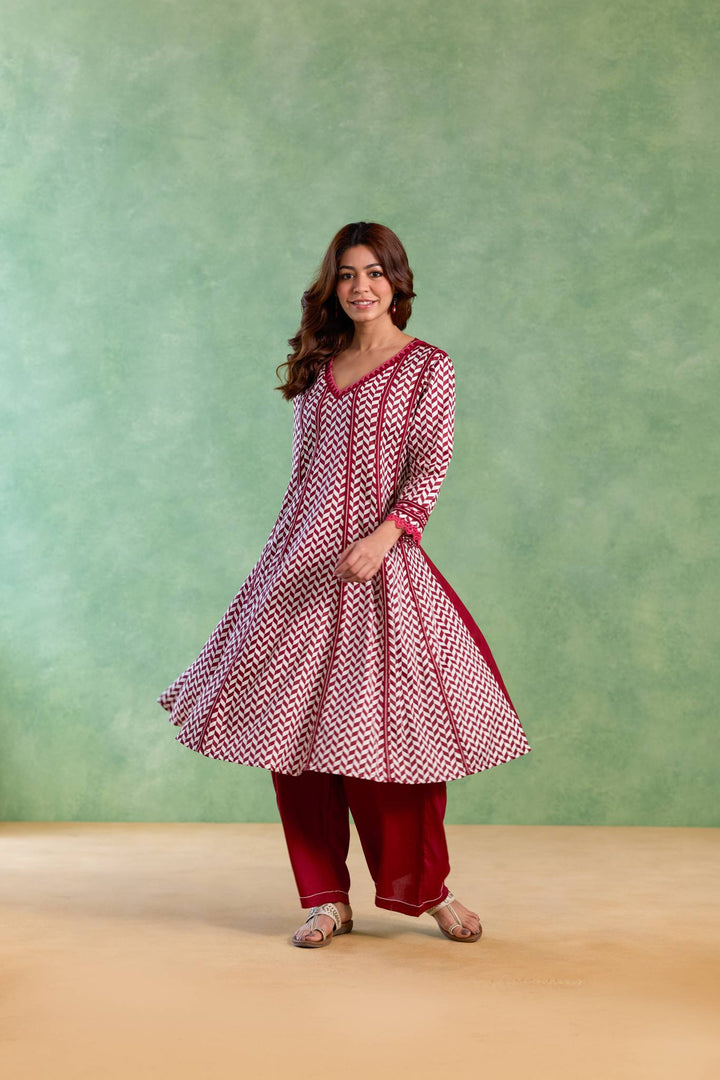 Maroon Beaded Chevron Anarkali with Flared Pants and Dupatta - Set of 3