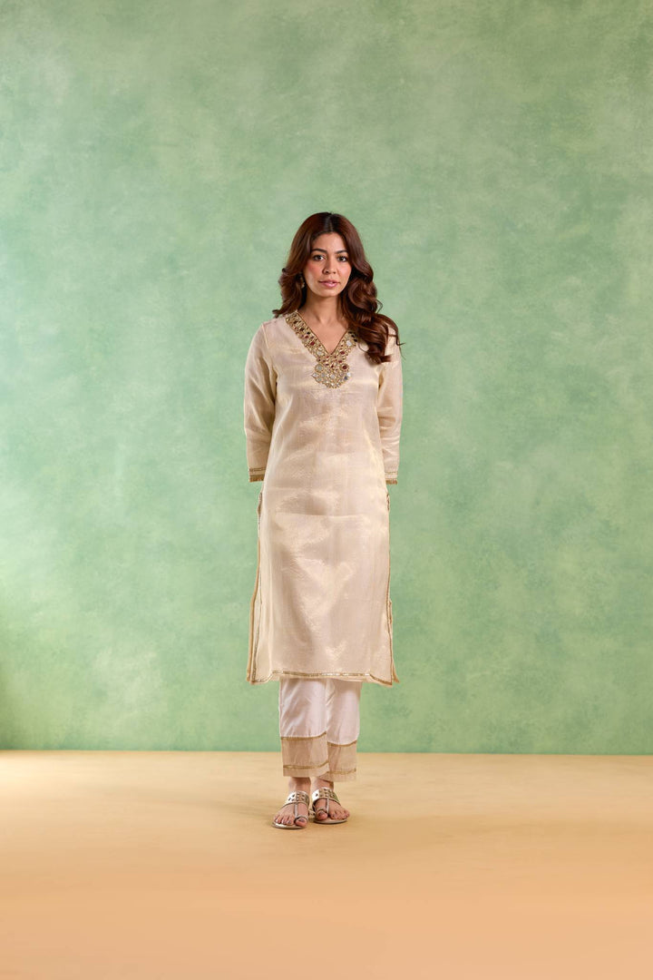 Gold Mirror Embroidered Chanderi Stripe Kurta Set with Floral Chintz Dupatta - Set of 3
