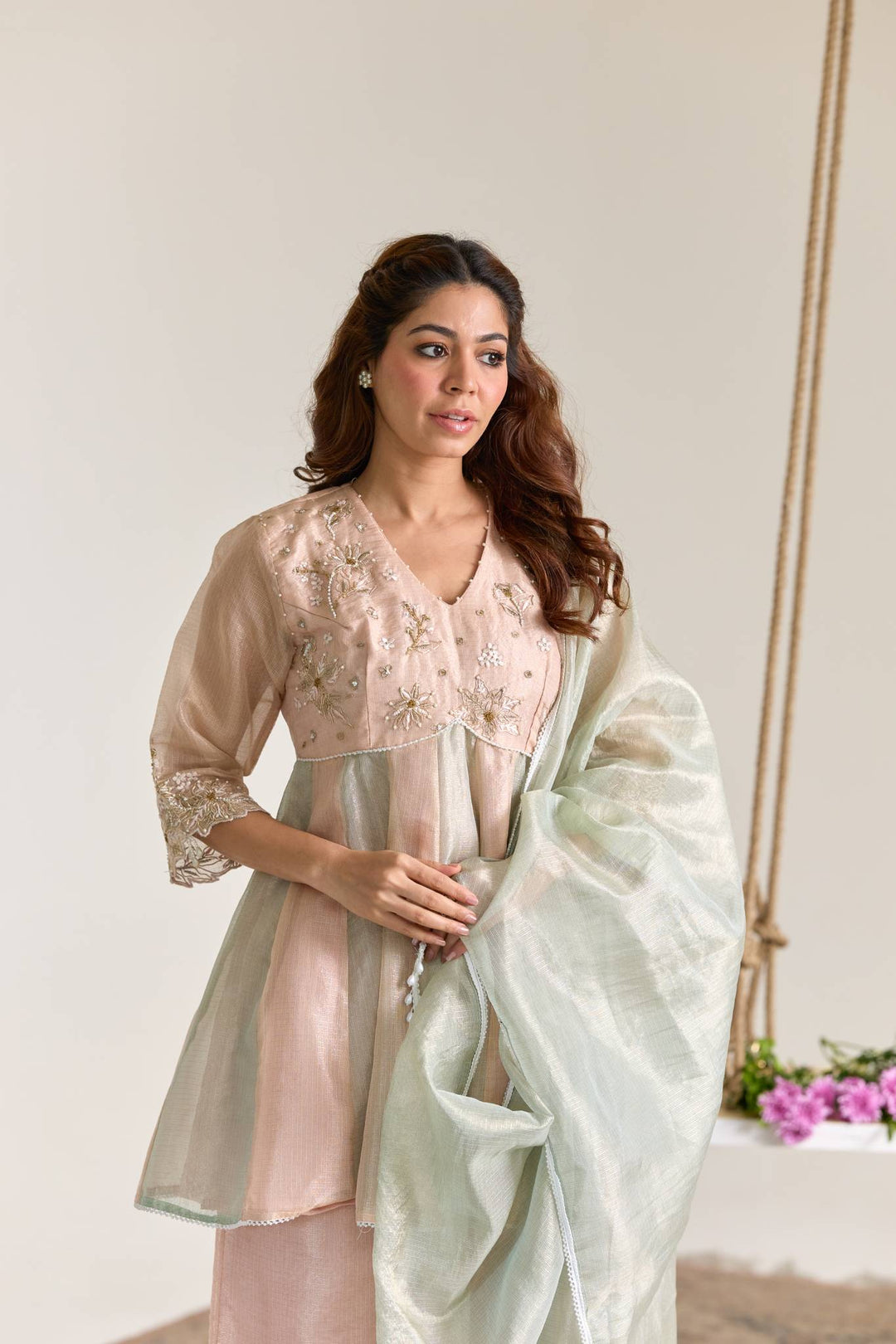 Rose Mint Dori Kota Tissue Anarkali Set with Pearl Dupatta - Set of 3