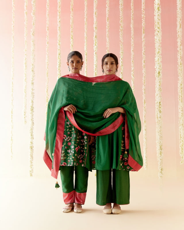 Emerald Lily Embroidered Kurta with Narrow Pants & Dupatta - Set of 3