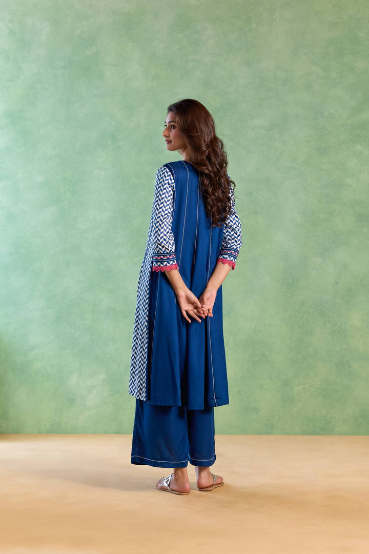 Navy Beaded Chevron Anarkali with Flared Pants and Dupatta - Set of 3