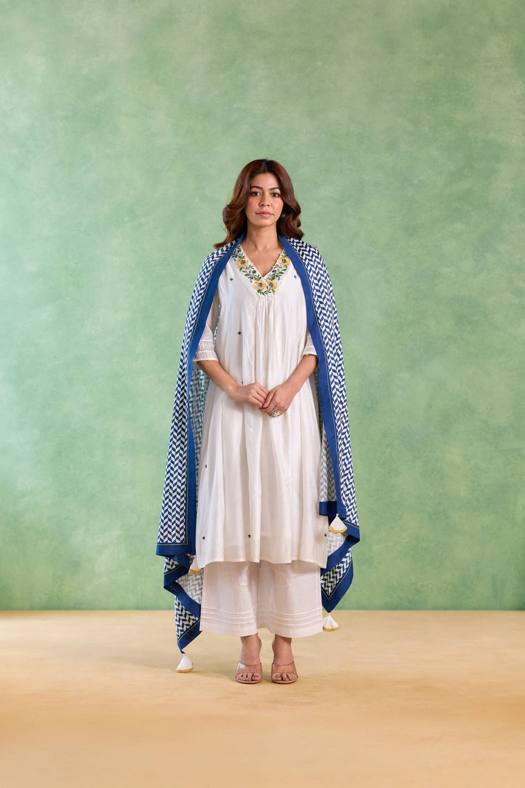 Blue Petal Embroidered Kurta with Wide-Leg Pants and Dupatta - Set of 3