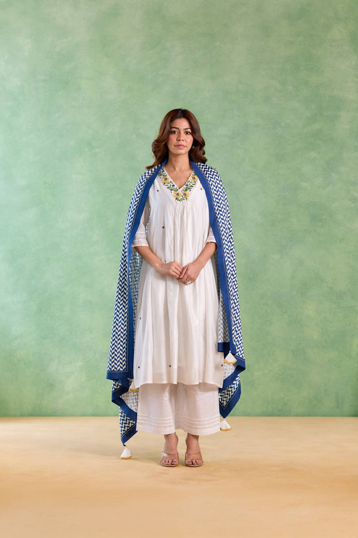 Blue Petal Embroidered Kurta with Wide-Leg Pants and Dupatta - Set of 3