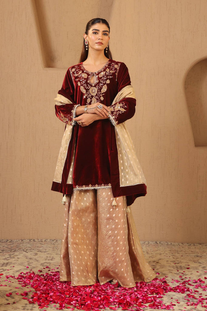 Maroon Floral Zari Velvet Kurta with Sharara and Dupatta - Set of 3