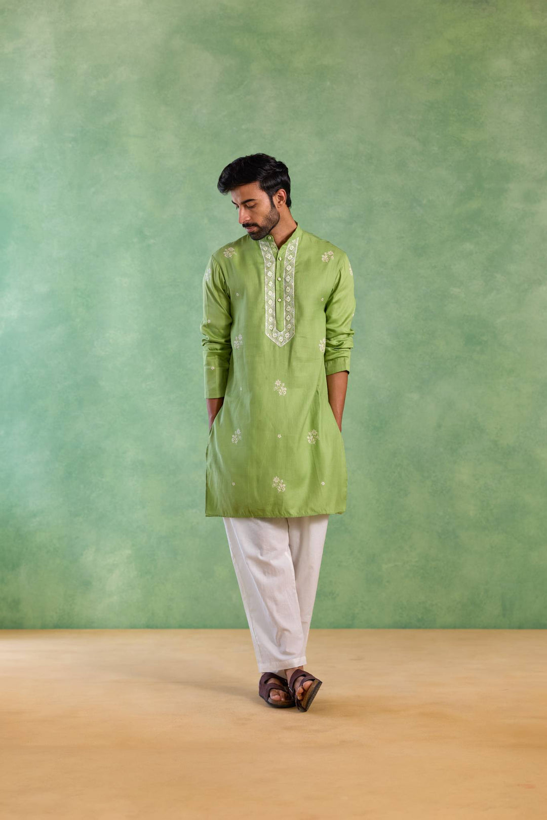 Sage Floral Buta Embroidered Kurta with Narrow Pants