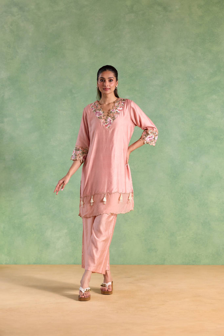 Soft Rose Embroidered Chanderi Kurta with Flared Pants and Dupatta - Set of 3