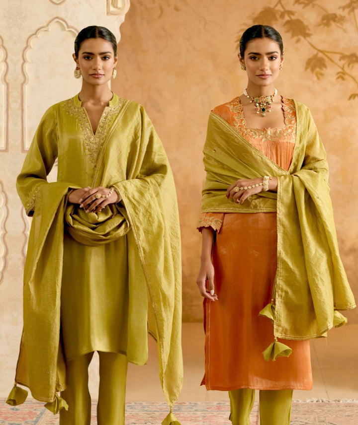 Olive Rust Tissue Kurta with Narrow Pants and Dupatta - Set of 4