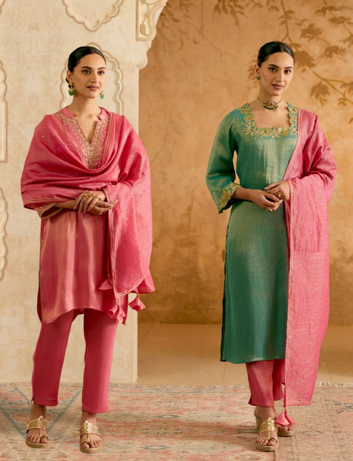 Dahlia Green Tissue Kurta with Narrow Pants and Dupatta - Set of 4